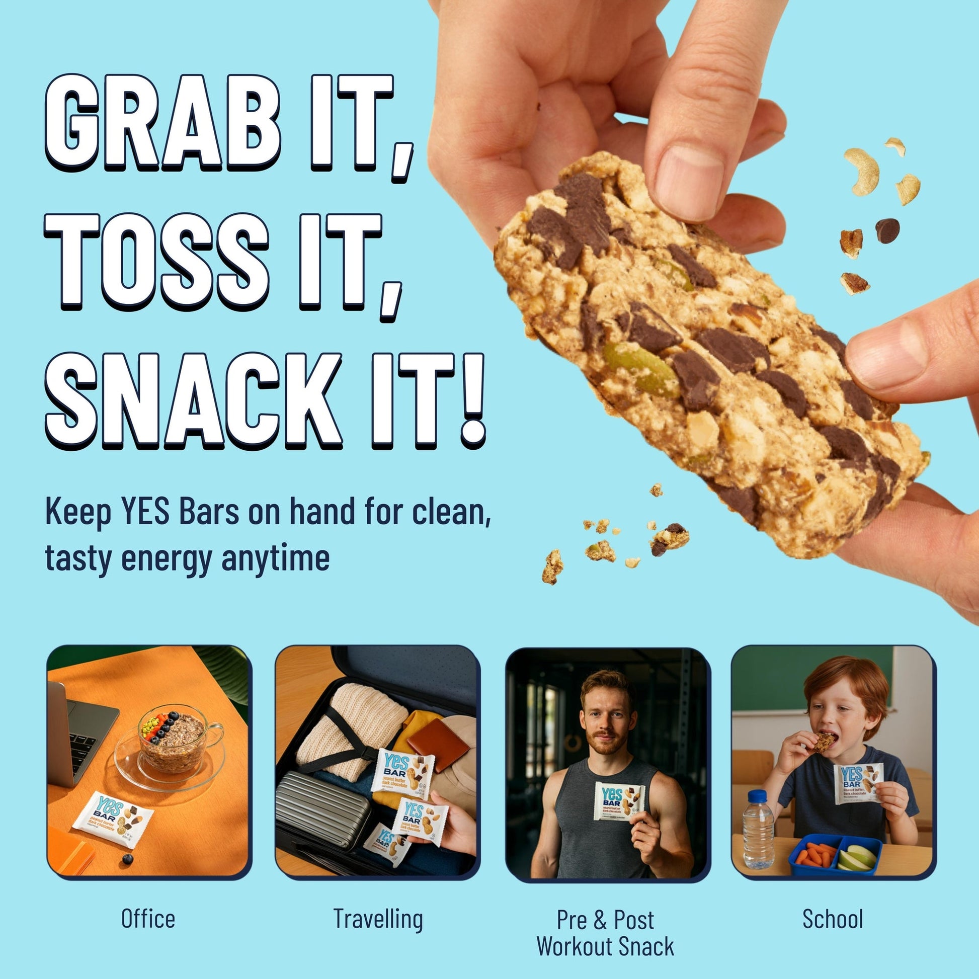YES BAR Dark Chocolate Chip snack bar, 6-pack, featuring a chocolate chip-filled protein bar with dark chocolate coating and visible chips.