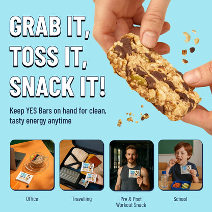 YES BAR Dark Chocolate Chip snack bar, 6-pack, featuring a chocolate chip-filled protein bar with dark chocolate coating and visible chips.