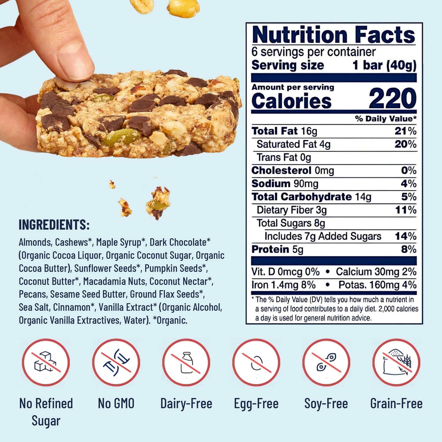 YES BAR Dark Chocolate Chip snack bar, 6-pack, with rich chocolate chips and natural ingredients, showing the bar with visible chocolate chunks.