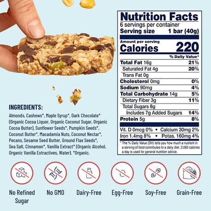 YES BAR Dark Chocolate Chip snack bar, 6-pack, with rich chocolate chips and natural ingredients, showing the bar with visible chocolate chunks.