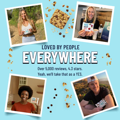 YES BAR Dark Chocolate Chip snack bar with visible chocolate chips in a 6-pack, featuring the YES BAR® branding.