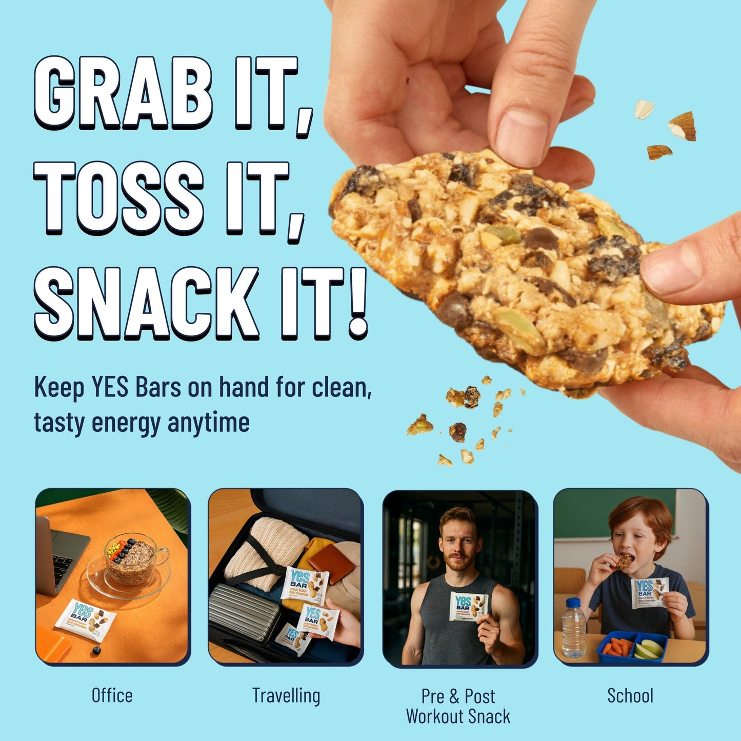 YES BAR Macadamia Chocolate snack pack featuring six bars with creamy chocolate and crunchy macadamia nuts.