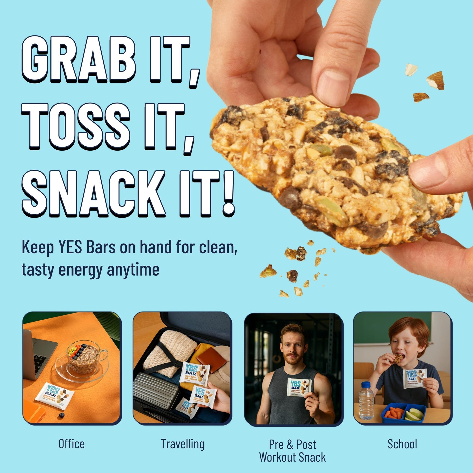 YES BAR Macadamia Chocolate snack pack featuring six bars with creamy chocolate and crunchy macadamia nuts.