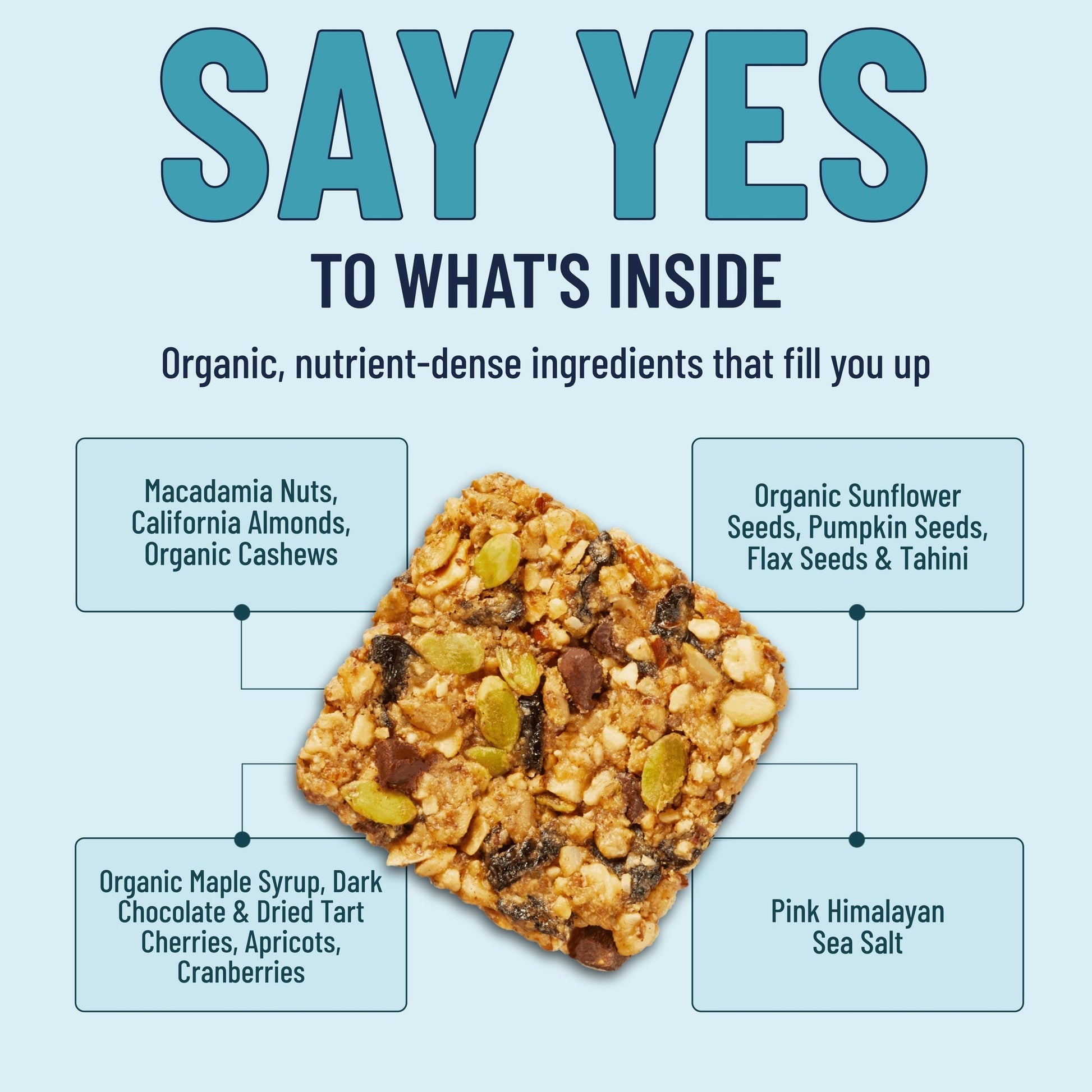 YES BAR Macadamia Chocolate snack pack showing six bars with chocolate coating and macadamia nuts inside.