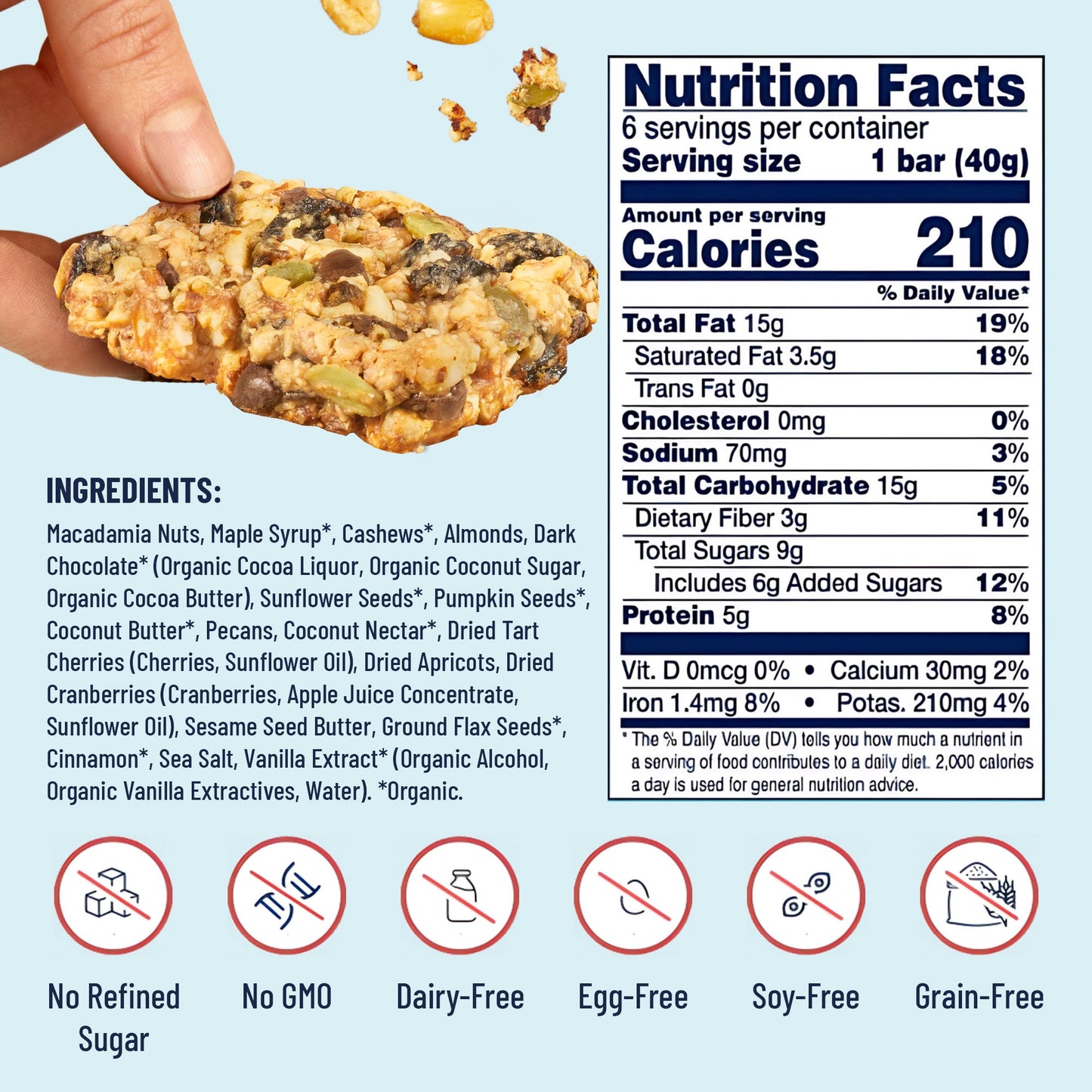 YES BAR Macadamia Chocolate snack bars, six-pack, with visible chocolate coating and macadamia nut pieces on the packaging
