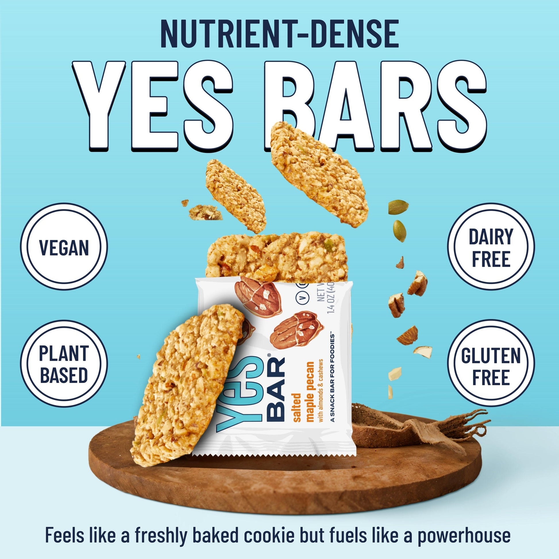 YES BAR Salted Maple Pecan energy bars, 6-pack, showcasing the bars with salted maple and pecan ingredients on the packaging.