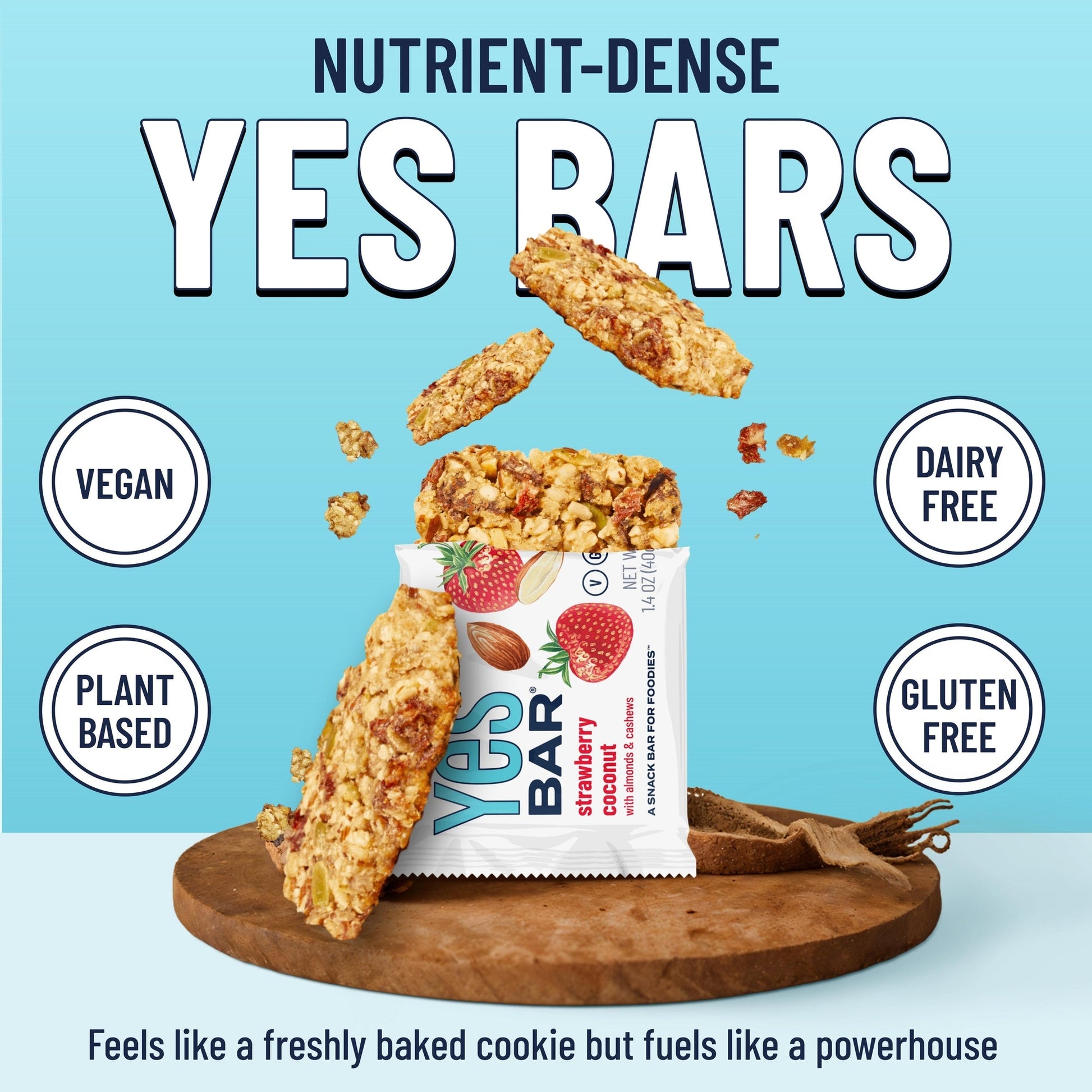 YES BAR Strawberry Coconut energy bars, 6-pack, showing the snack with vibrant strawberry and coconut flavor packaging.