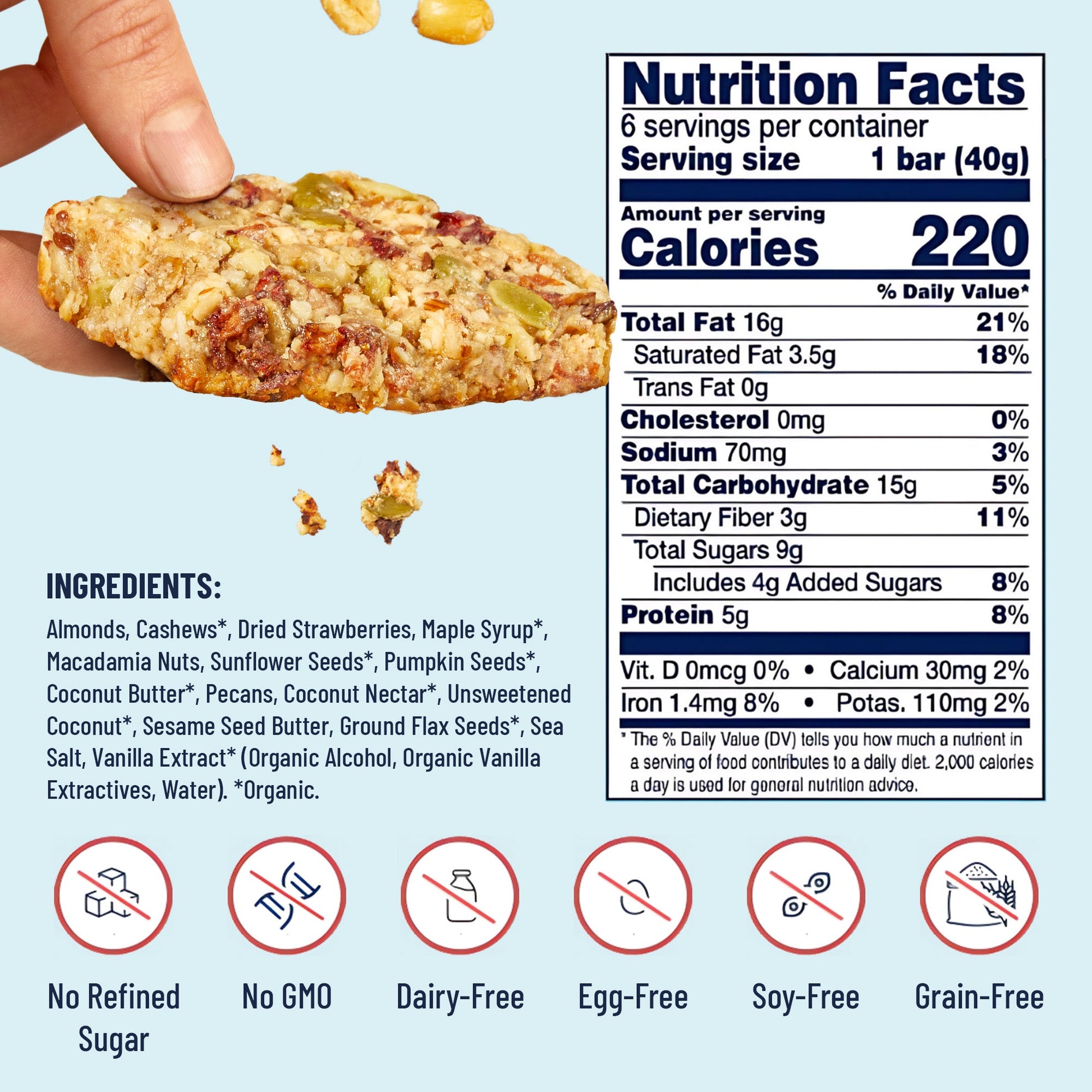 YES BAR Strawberry Coconut protein bars in a 6-pack, featuring fresh strawberries and coconut flavor, with natural ingredients.