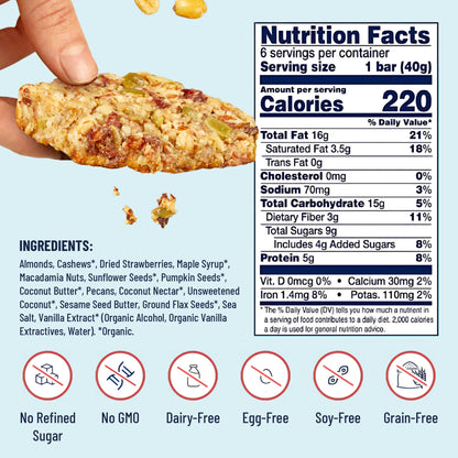 YES BAR Strawberry Coconut protein bars in a 6-pack, featuring fresh strawberries and coconut flavor, with natural ingredients.