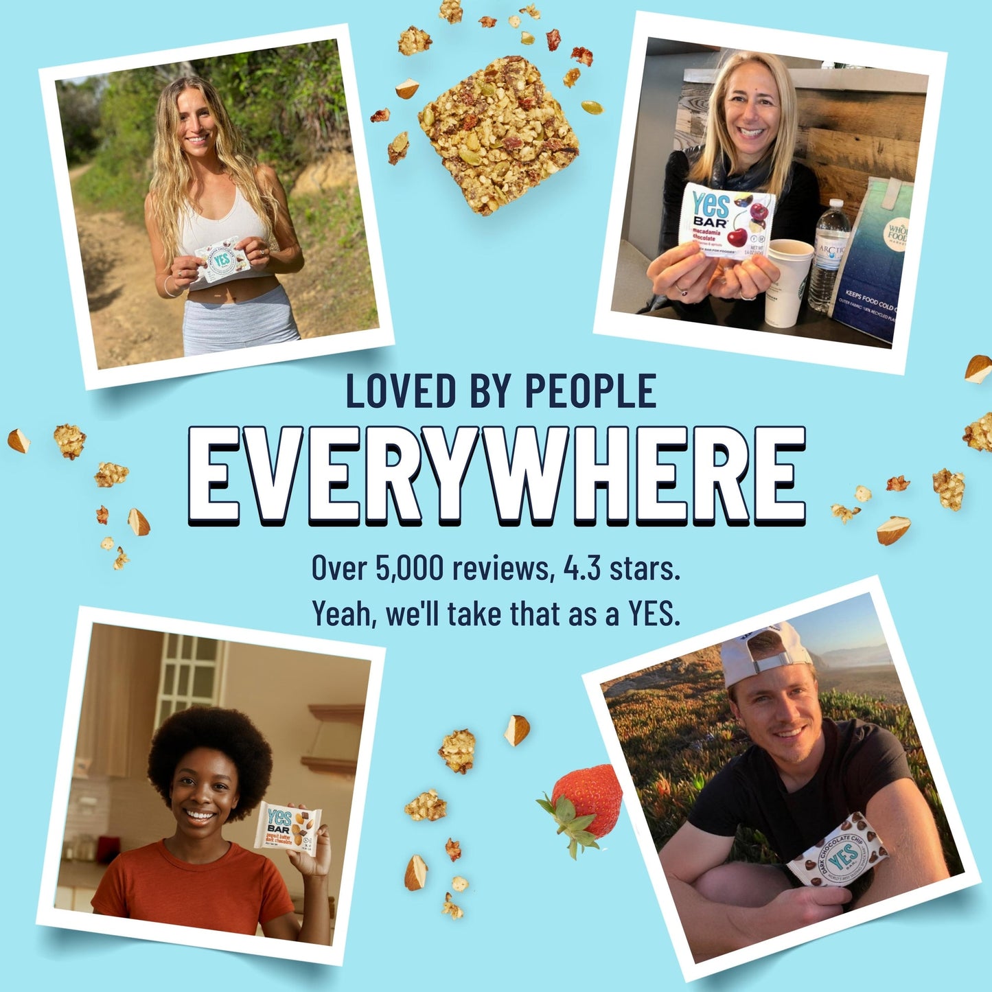 YES BAR Strawberry Coconut snack bars, 6-pack, featuring fresh strawberries and coconut in a wholesome, convenient snack.