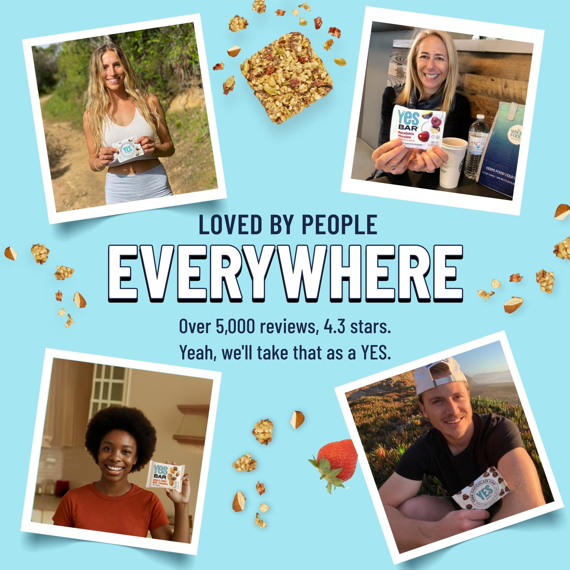 YES BAR Strawberry Coconut snack bars, 6-pack, featuring fresh strawberries and coconut in a wholesome, convenient snack.