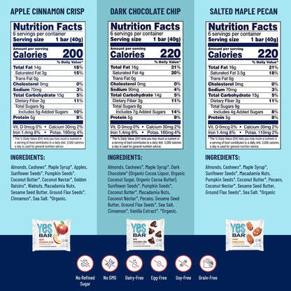 Six YES BAR® variety pack with assorted flavors displayed in a clear container, highlighting the different colorful protein bar options.