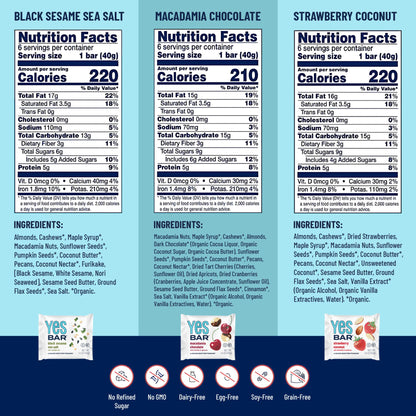 Assorted YES BAR® 6-bar variety pack with various flavors, displayed together in a clear view of the snack bars.