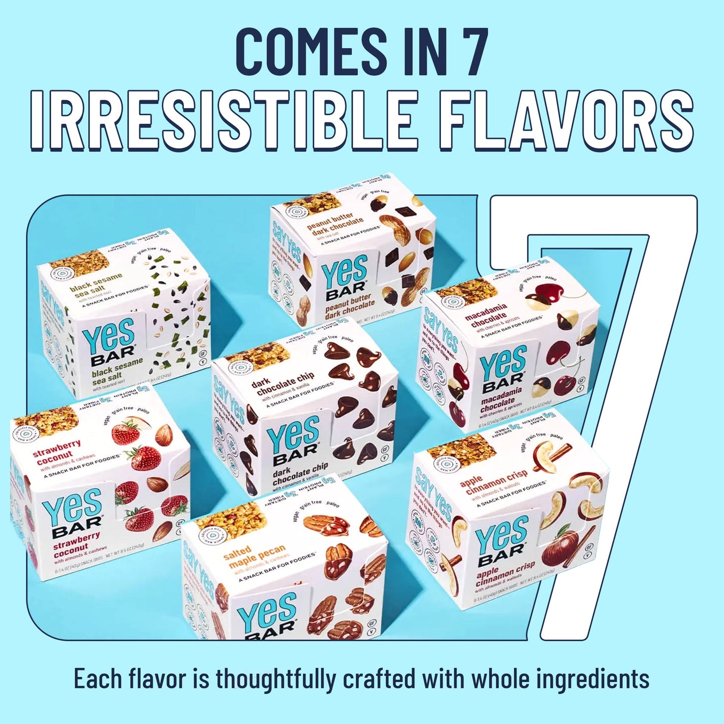 Assorted YES BAR® 6-bar variety pack featuring different flavors of plant-based energy and protein bars on a white background.