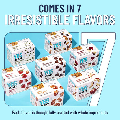 Assorted YES BAR® 6-bar variety pack featuring different flavors of plant-based energy and protein bars on a white background.