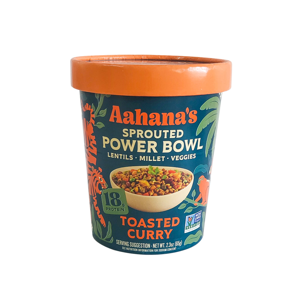 Assorted Aahana's Naturals Sprouted Power Bowl Variety Pack with toasted curry flavor and vibrant ingredients in a clear bowl.
