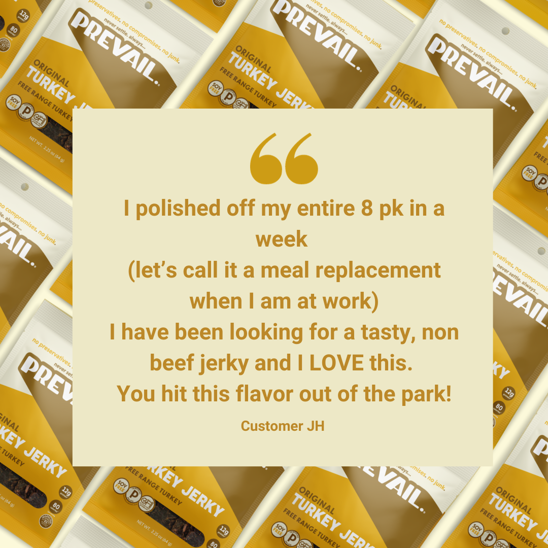 PREVAIL Jerky Original Turkey Jerky single serve pack, showing eight individually wrapped turkey jerky pieces on a white background.