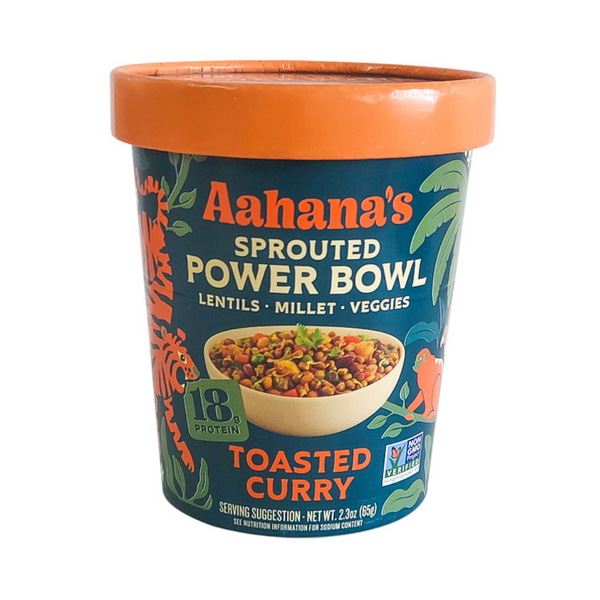 Sprouted mung beans and rice bowl from Aahana's Naturals Toasted Curry Sprouted Power Bowl 6 pack, ready to serve.
