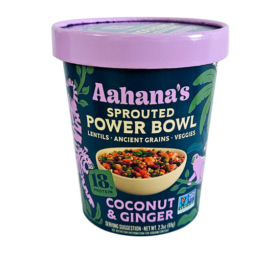 A bowl of Aahana's Naturals Coconut & Ginger Sprouted Power Bowl with mung beans and rice, served in a ceramic dish.