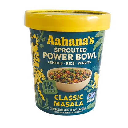 Sprouted mung beans and rice bowl from Aahana's Naturals Classic Masala Sprouted Power Bowl 6-pack, healthy Indian khichdi meal