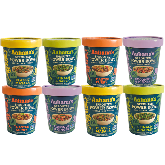 Eight Aahana's Naturals Sprouted Power Bowls in clear containers on white background, showcasing variety pack of healthy ready-to-eat meals.