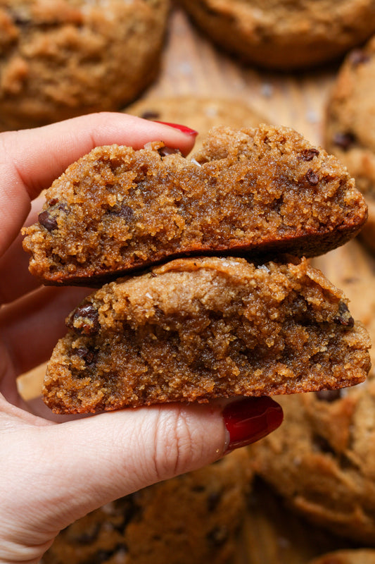 Vegan Sweet Addison's chocolate chip cookies on a plate, gluten-free and dairy-free vegan snack with chocolate chips