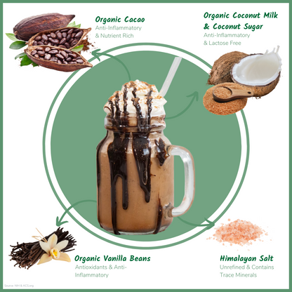 Vegan frozen hot cocoa mix by Bare Life with organic ingredients, dairy-free, gluten-free, and suitable for hot chocolate drinks.