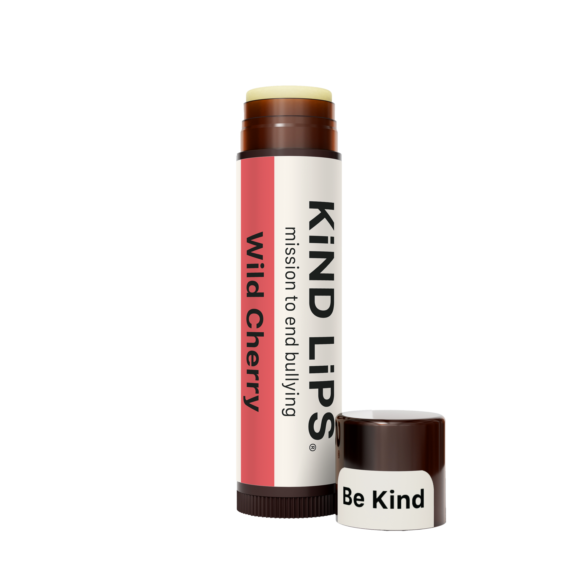 Kind Lips Wild Cherry organic lip balm tube with cherry flavor and natural ingredients, displayed on a neutral background.