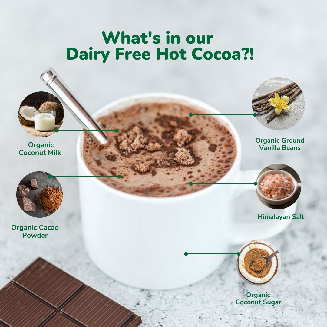 Bare Life dairy-free coconut hot cocoa mix, 20-pack, showing the packaging with ingredient list and cocoa powder in a warm beverage.