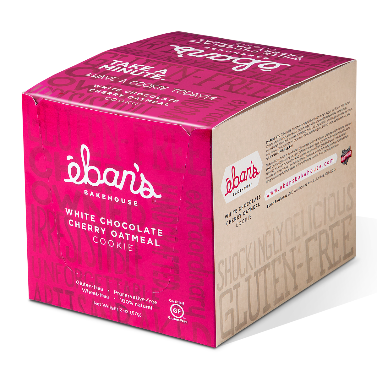 Eban’s Bakehouse white chocolate cherry oatmeal cookies in closed packaging, showcasing a fresh and tempting cookie appearance.