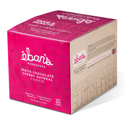 Eban’s Bakehouse white chocolate cherry oatmeal cookies in closed packaging, showcasing a fresh and tempting cookie appearance.