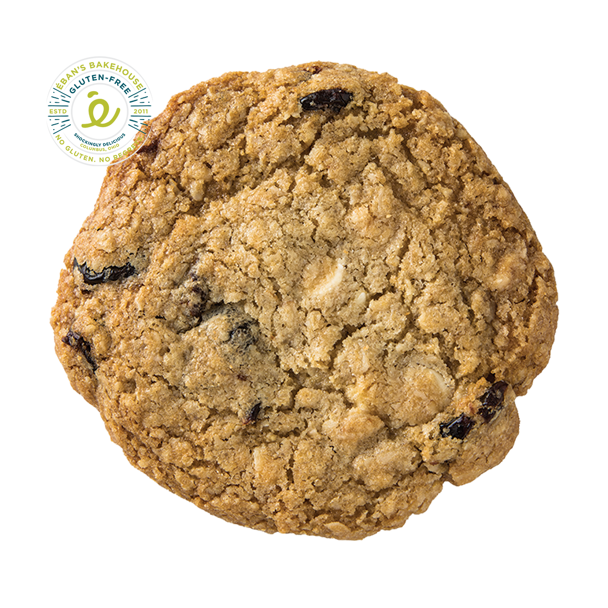 Eban's Bakehouse white chocolate cherry oatmeal cookies, 12-pack, with golden-brown cookies and visible white chocolate chunks and cherries