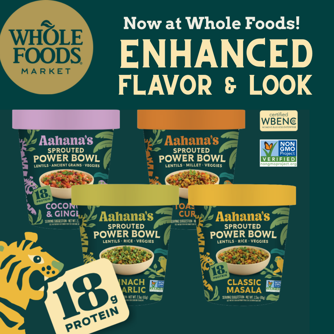 Four sprouted power bowls from Aahana's Naturals variety pack with colorful ingredients and fresh whole foods.