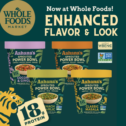 Four sprouted power bowls from Aahana's Naturals variety pack with colorful ingredients and fresh whole foods.