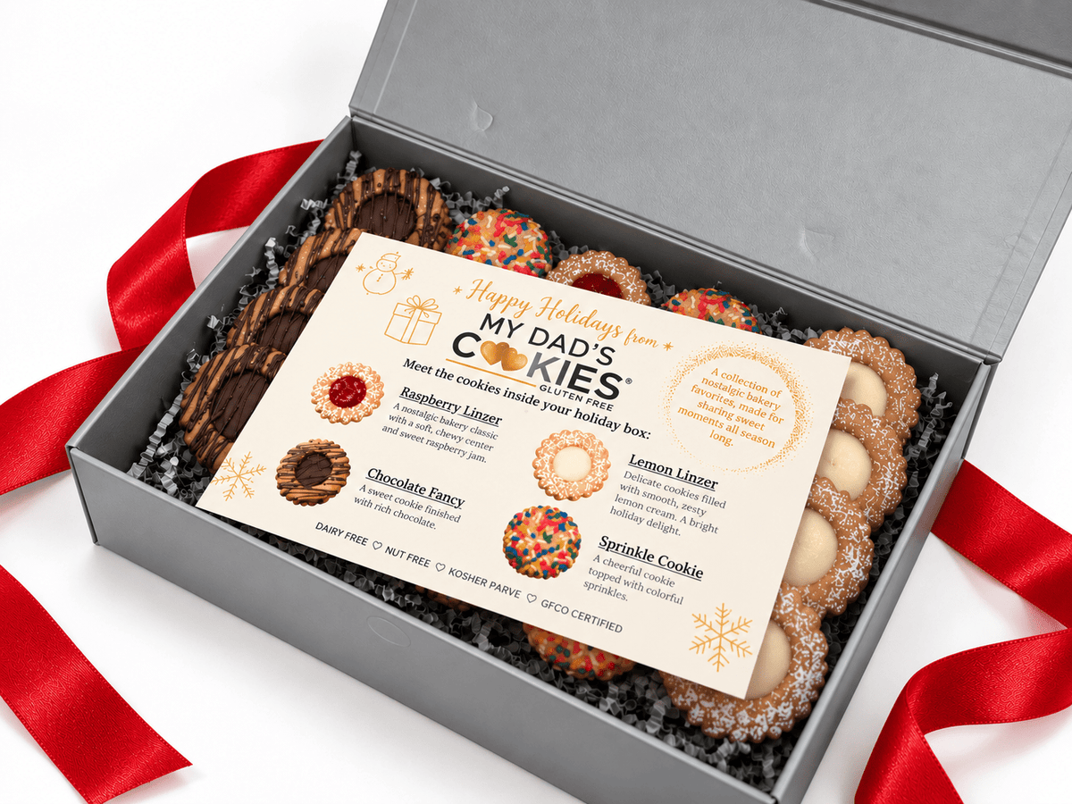 Assorted My Dad's Cookies holiday bakery favorites gift box featuring various decorated cookies with festive icing and toppings.