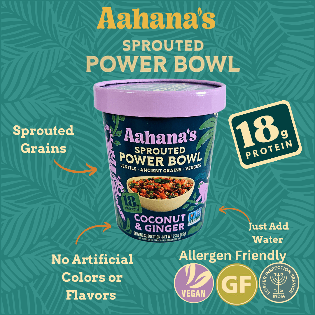 Infographic showcasing Aahana's Naturals Sprouted Power Bowl Variety Pack with coconut and ginger flavors and health benefits.