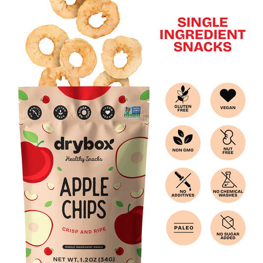 Drybox Apple Chips 3-pack with resealable packaging, showing crunchy apple slices in a bright, appealing presentation.