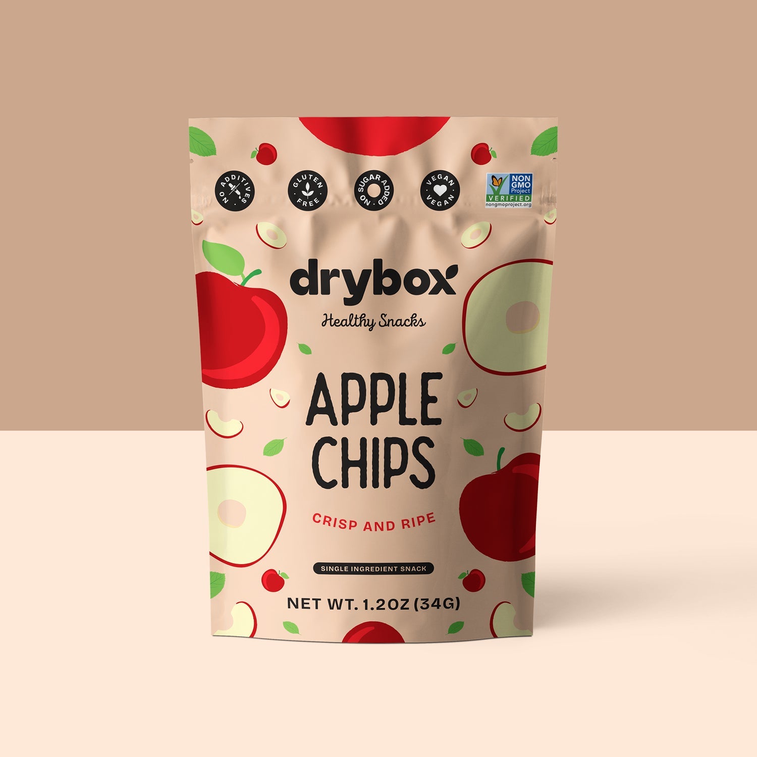 Drybox Apple Chips 3-pack, resealable bags showing crisp apple slices in a bright, appealing snack packaging.