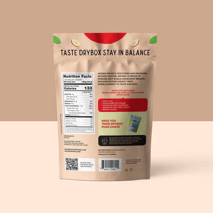 Drybox Apple Chips 3-pack in resealable bags, showing crispy, golden apple chips ideal for healthy snacking.