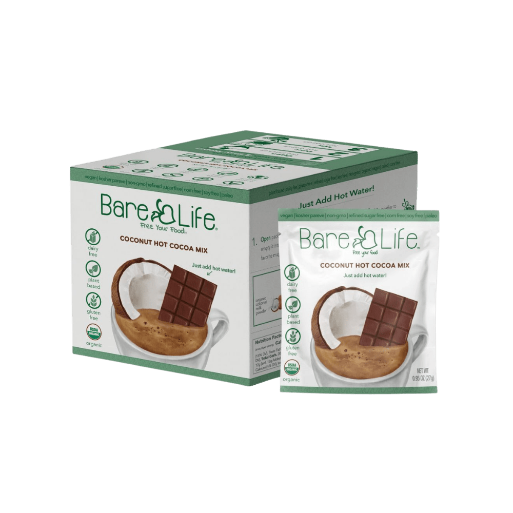 Bare Life dairy-free coconut hot cocoa mix in a 20-pack, featuring packets of rich, creamy hot chocolate with coconut flavor.