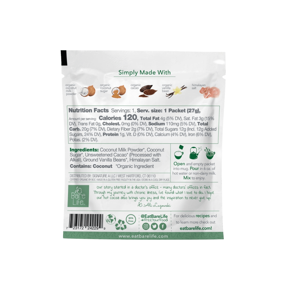 Bare Life dairy-free coconut hot cocoa mix 20-pack, showing individual cocoa powder packets with coconut flavor branding.