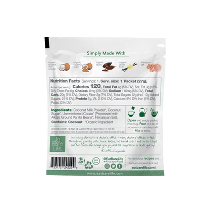 Bare Life dairy-free coconut hot cocoa mix 20-pack, showing individual cocoa powder packets with coconut flavor branding.