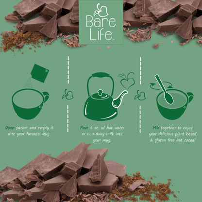 Bare Life dairy-free coconut hot cocoa mix packet with directions, single serving size, vegan hot chocolate powder.