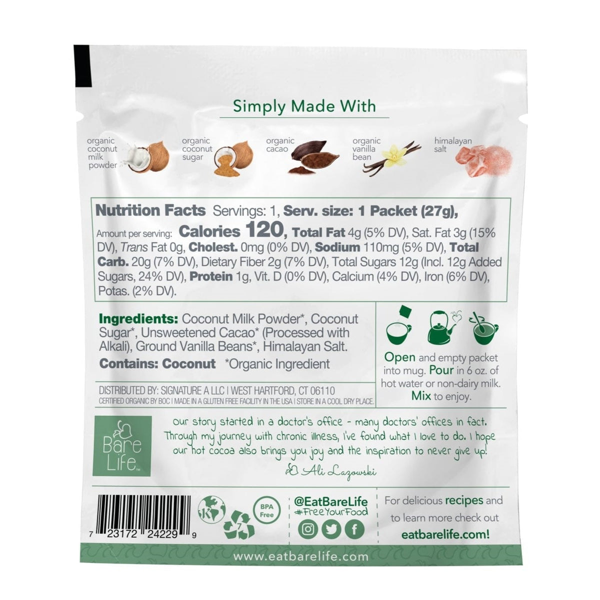 Bare Life dairy-free coconut hot cocoa mix single serving pack with packaging and branding visible.