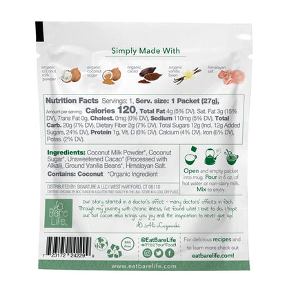 Bare Life dairy-free coconut hot cocoa mix single serving pack with packaging and branding visible.