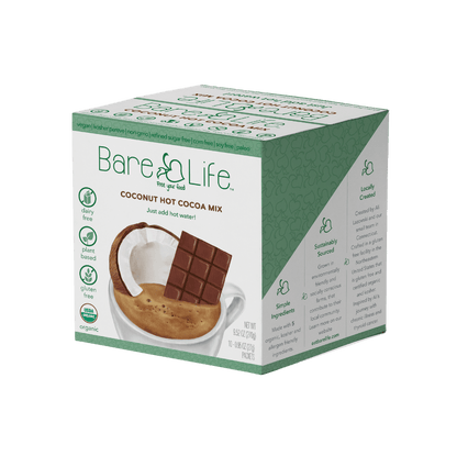 Bare Life dairy-free coconut hot cocoa mix individual serving packets, 10-pack, featuring coconut flavor and hot chocolate branding.