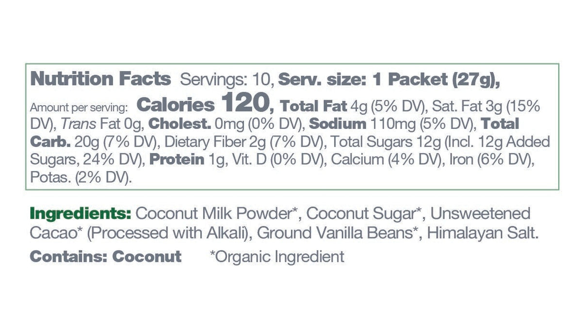 Bare Life dairy-free coconut hot cocoa mix 10-pack box with nutrition labels, ideal for single servings and dairy-free hot chocolate.