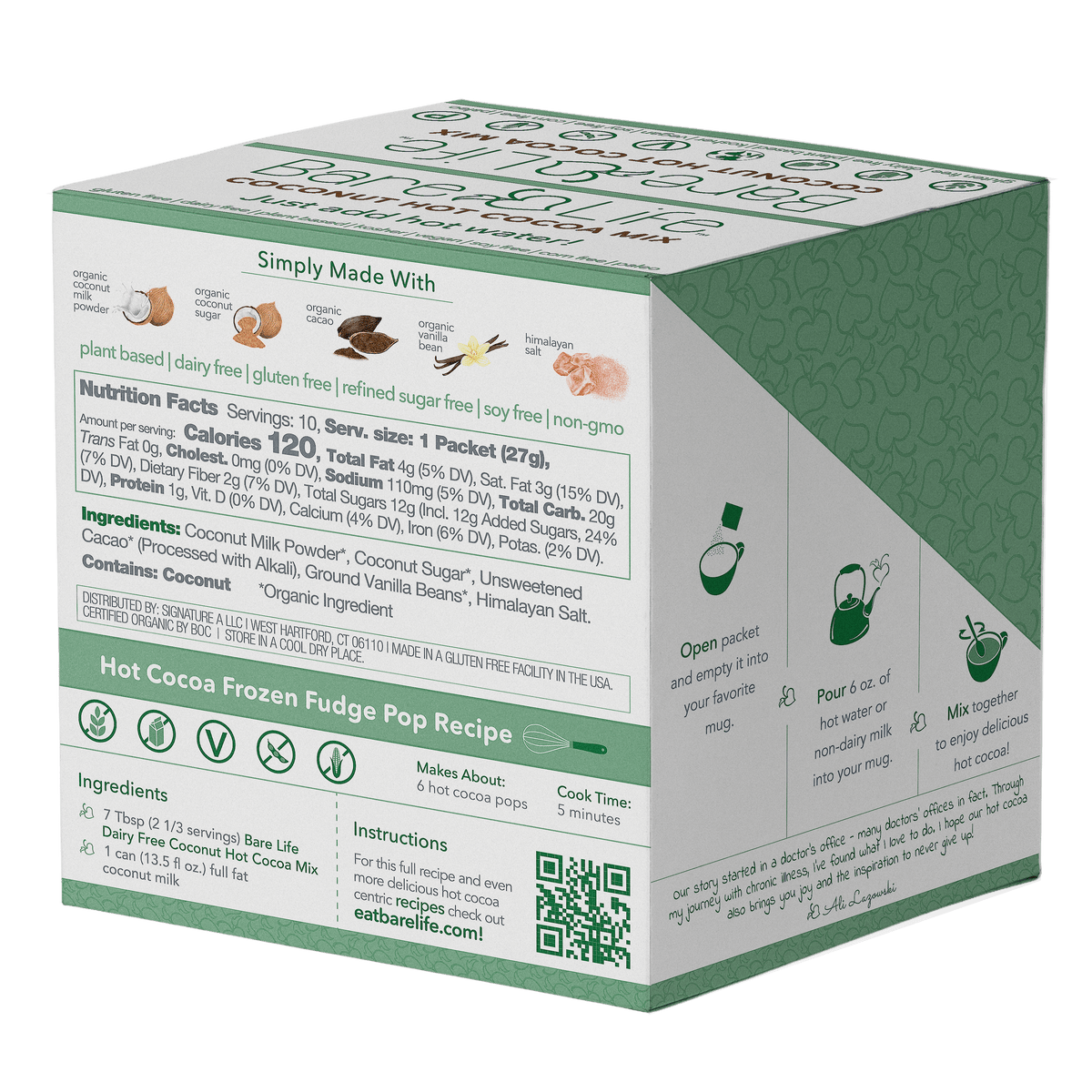 Bare Life dairy-free coconut hot cocoa mix box with 10 single-serving packets, featuring tropical coconut flavor and hot chocolate branding.