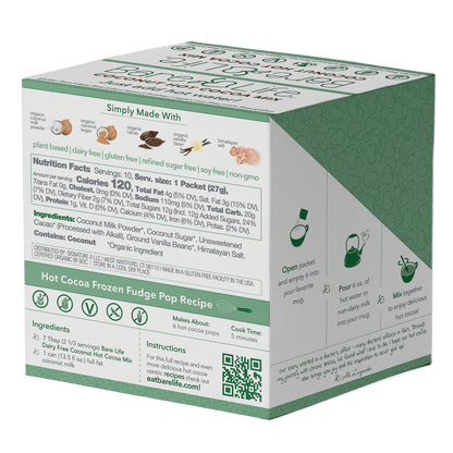 Bare Life dairy-free coconut hot cocoa mix box with 10 single-serving packets, featuring tropical coconut flavor and hot chocolate branding.