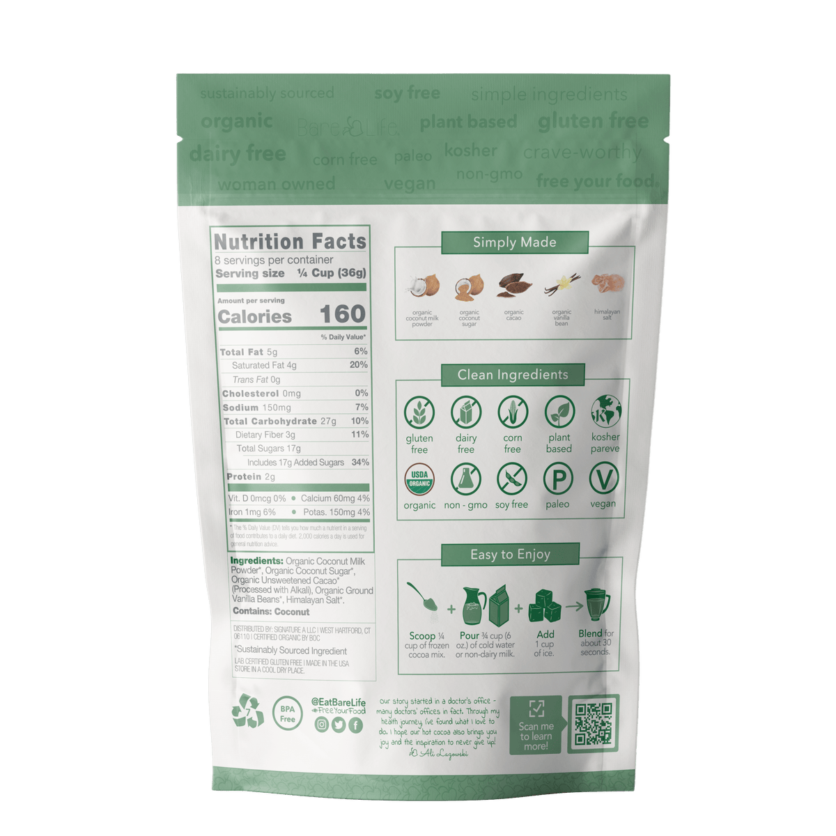 Dairy-free frozen hot cocoa mix by Bare Life in a cup, showcasing rich, creamy chocolate for a vegan, organic gourmet hot chocolate.